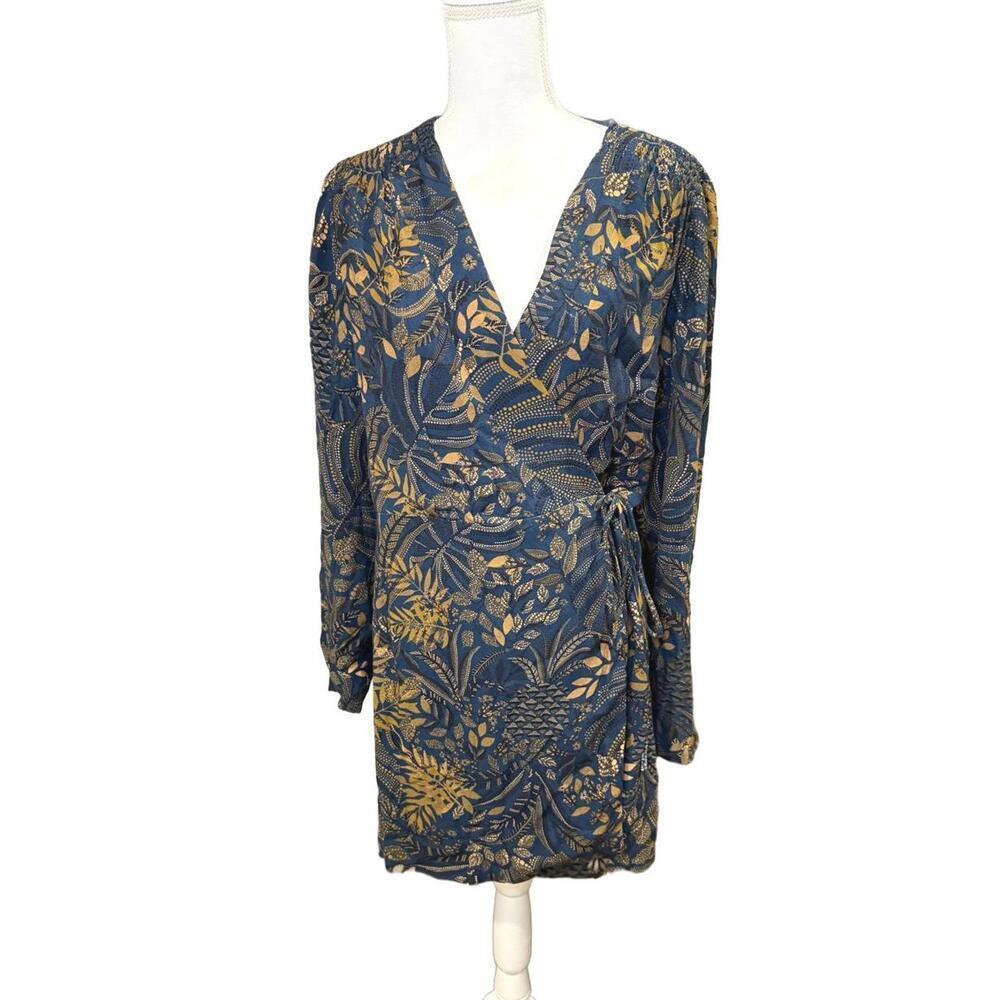 Farm Rio Printed Crepe Mini Wrap Dress, Blue & Gold, Large